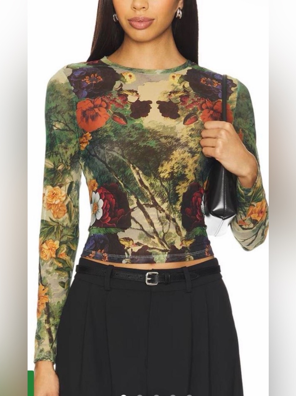 Alice and Olivia Floral Scenic Long-Sleeve Crop Top - Green Floral